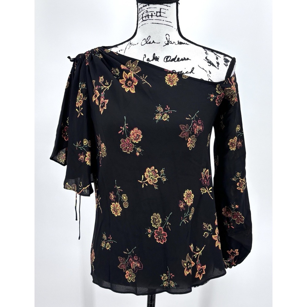 A.L.C. Marissa Top Size 0 Black Floral 100% Silk One Shoulder Blouse
